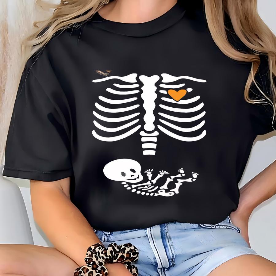 Skeleton Halloween Maternity Sweatshirt, Funny Pregnancy Announcement Shirt, Pregnant Women Costume, Fall New Mom Sweater, Gift For New Mom T-shirt