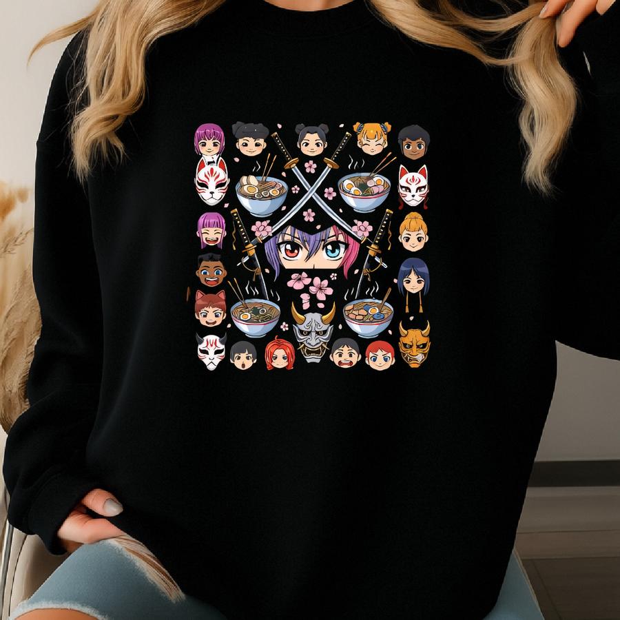 Anime Ramen Hoodie – Cute Chibi Faces Streetwear – Otaku Japanese Food Gift Sweatshirt
