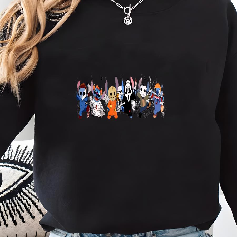 Halloween Youth Shirt, Stitch Shirt, Cartoon Characters T-shirt, Land Family Gift, Stitch Horror Crewneck, Stitch Tee Sweatshirt