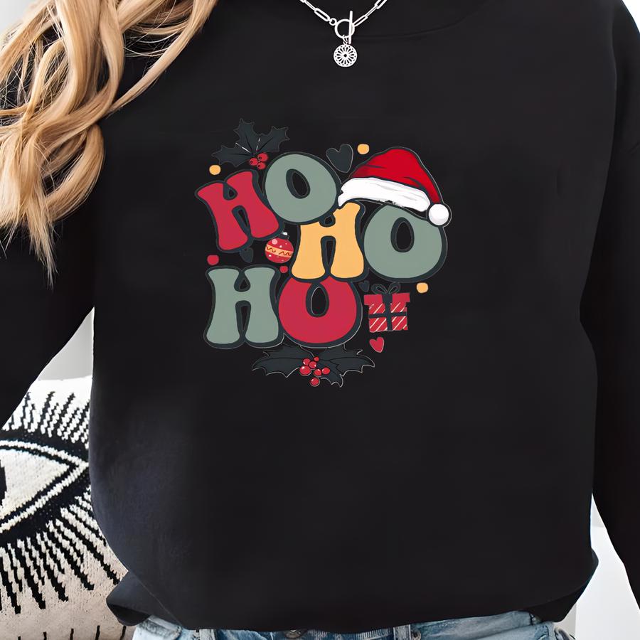 Ho Ho Ho Christmas Shirt: Retro Santa Hat Xmas Holiday Cotton Tee Sweatshirt