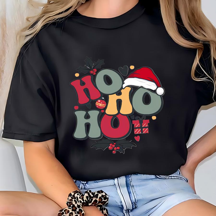 Ho Ho Ho Christmas Shirt: Retro Santa Hat Xmas Holiday Cotton Tee T-shirt