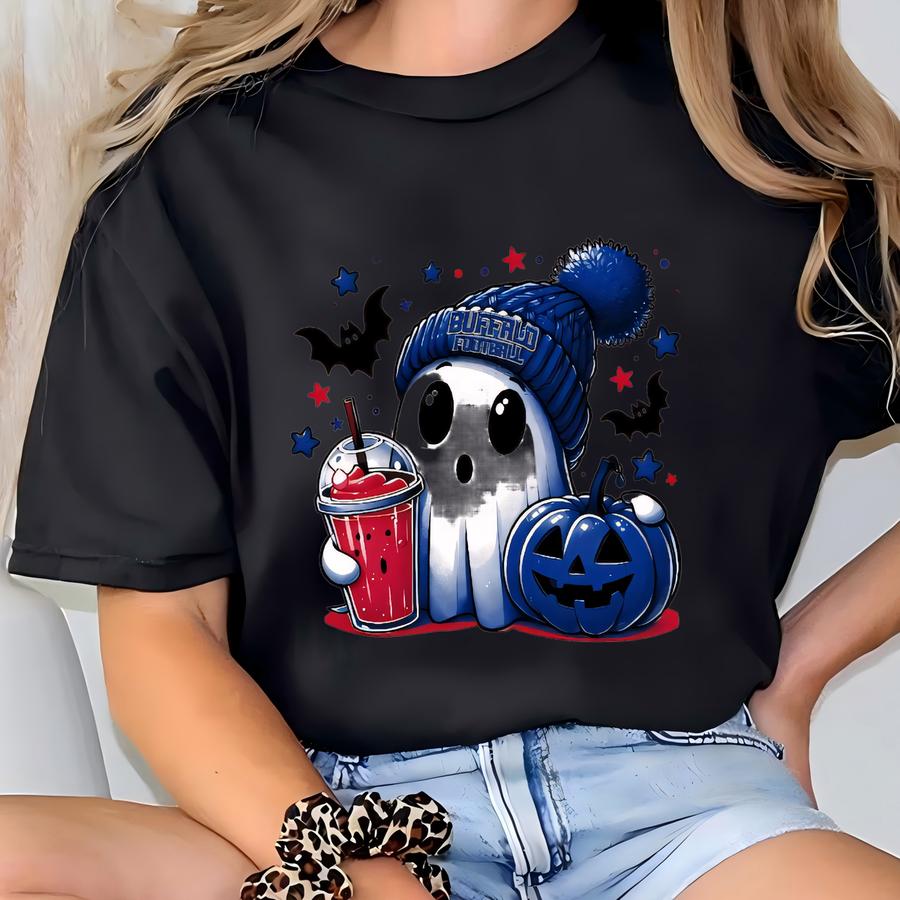 Buffalo Football Halloween Ghost Shirt, Cute Spooky Pumpkin Game Day Hoodie, Retro Buffalo Fan Graphic Tee, Fall Game Spirit Top T-shirt