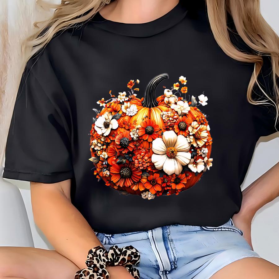 Floral Pumpkin Shirt, Boho Fall Pumpkin Tee, T-shirt