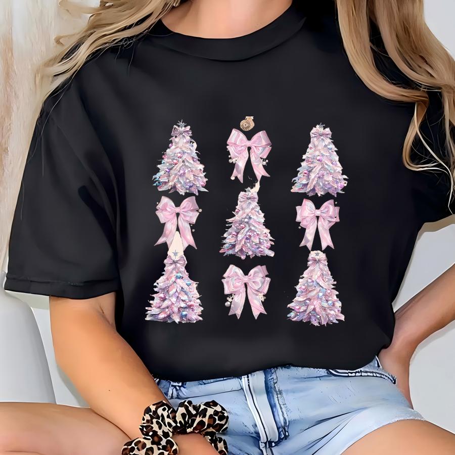Coquette Pink Feather Christmas Trees And Bows Comfort Colours T Shirt, Tees, Bow Shirt, Floral Bow T, Cute Girl Shirt, Women's Shirt T-shirt
