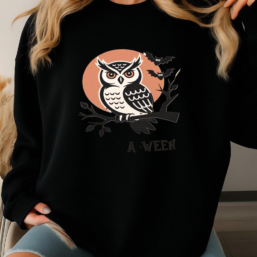 Spooky Owl Halloween Gildan Sweat Shirt, Cute Costume Pumpkin Tee, Spooky Season T-shirt, Unisex Ghost Aesthetic Fall Shirt Sweatshirt