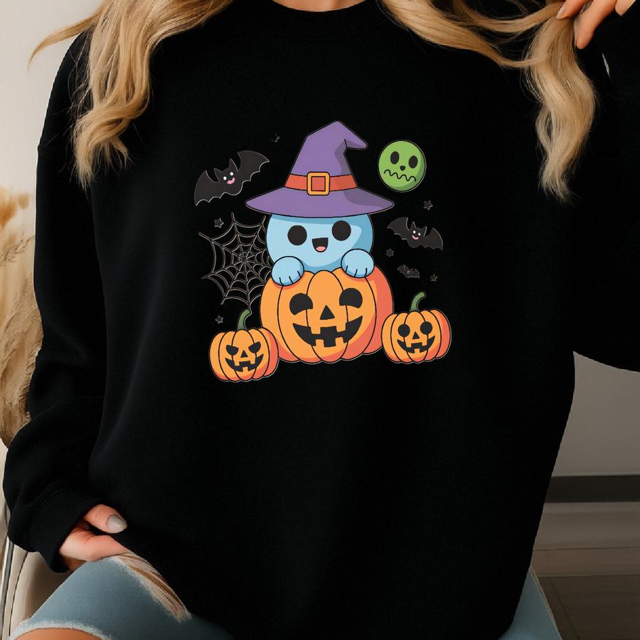 Spooky Ghost Halloween Gildan Sweat Shirt, Cute Costume Pumpkin Tee, Spooky Season T-shirt, Unisex Ghost Aesthetic Fall Shirt Sweatshirt