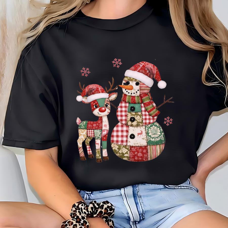 Christmas Sweatshirt Patchwork: Cozy Reindeer And Snowman Style T-shirt