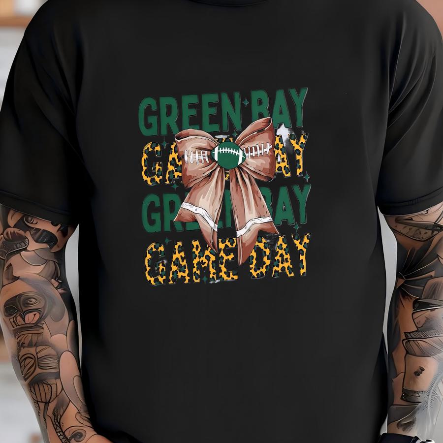 Green Bay Football Unisex Apparel, Mens Womens Hoodies/crewneck Sweatshirts/hoodies, Sports Fan, Game Day Outfit, Leopard Coquette Bow T-shirt