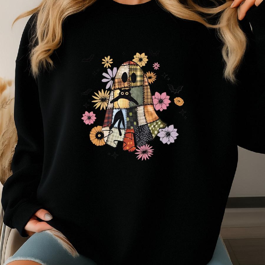 Patchwork Ghost Black Cat Halloween Shirt Sweatshirt