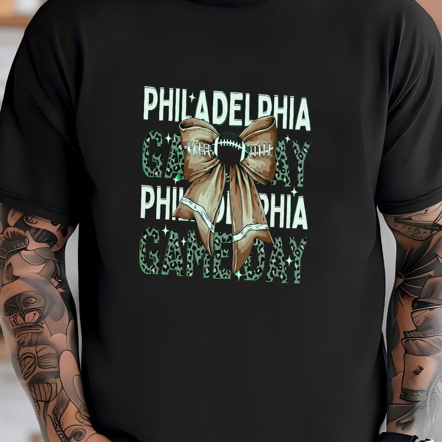 Philadelphia Football Apparel, Mens Womens Shirts Crewneck Sweatshirts Hoodies, Game Day Gift For Sports Fan, Leopard Coquette Bow T-shirt