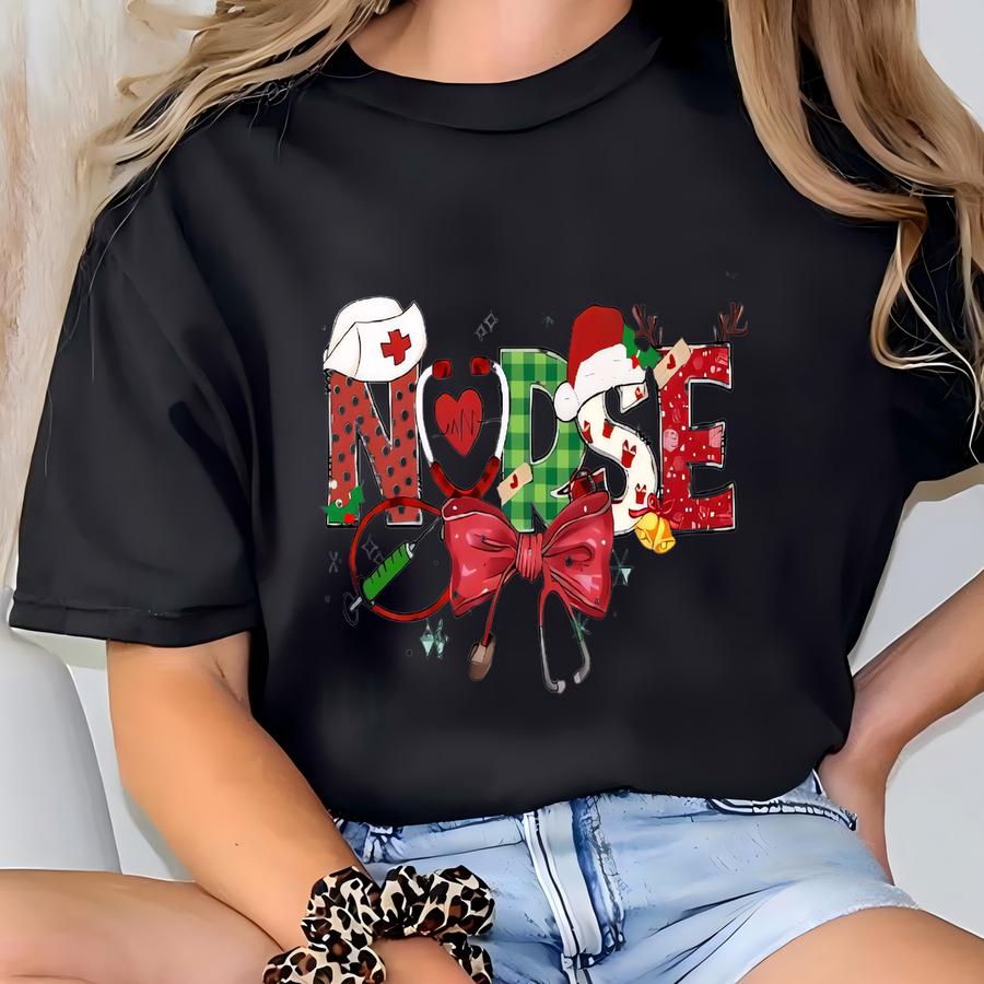 Custom Name Nurse Christmas Sweatshirt, Merry Christmas Tshirt, Shine Light, Nurse Life Hoodie, Nicu Shirt, Santa Hat Coquette Stethoscope T-shirt