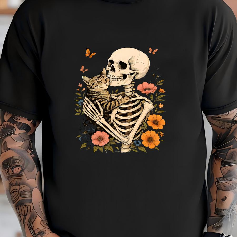 Skeleton Hugging Cat Floral Halloween ® Shirt Cute Spooky Unisex Shirt – Unique Gift Idea For Cat Lovers T-shirt