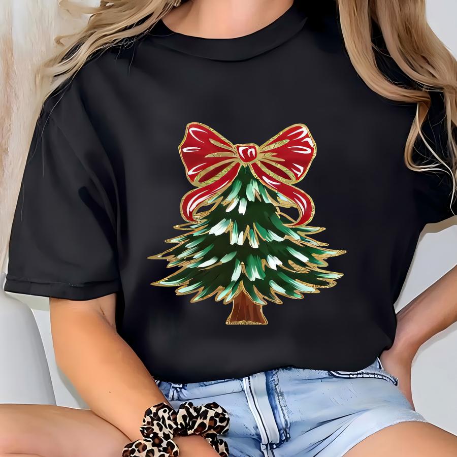 Christmas Tree Red Bow Shirt Christmas Sweatshirt For Women, Christmas Tree Tshirt, Christmas Coquette Christmas Shirt, Christmas Sweatshirt T-shirt