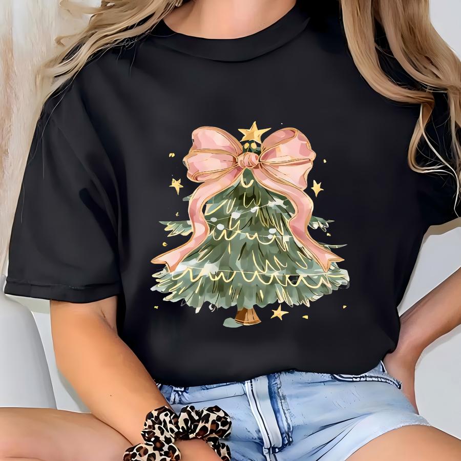 Christmas Tree Pink Bow Shirt Christmas Sweatshirt For Women Christmas Tree Tshirt, Christmas Coquette Christmas Shirt, Christmas Sweatshirt T-shirt