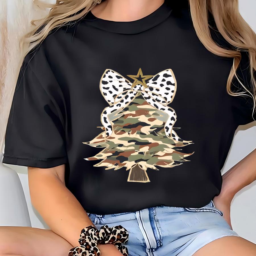 Christmas Tree Camo Bow Shirt Christmas Sweatshirt For Women Christmas Tree Tshirt, Christmas Coquette Christmas Shirt, Christmas Sweatshirt T-shirt