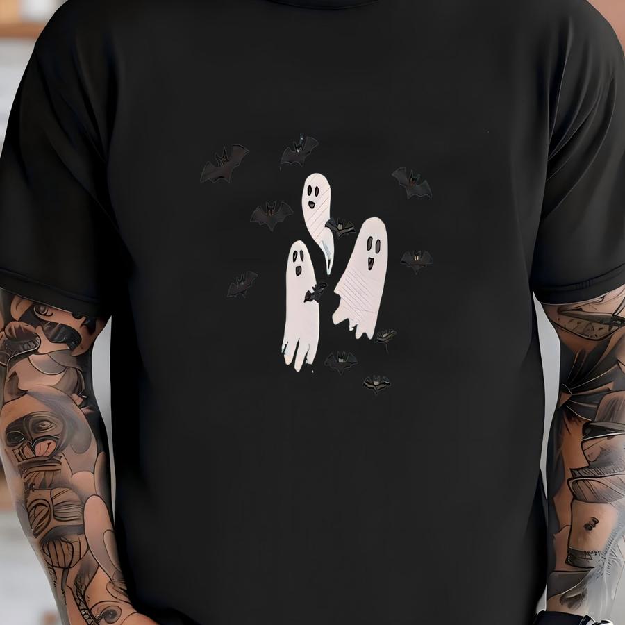 ® Long Sve Pocket Flying Ghosts And Bats, Halloween Pocket Tee, Spooky, Witch, Pumpkin T-shirt
