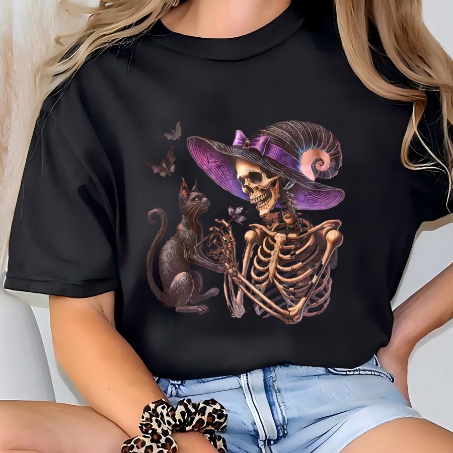Bleached Flannel Shirt With Skeleton Witch Black Cat And Bats Halloween Gothic Plaid Top T-shirt