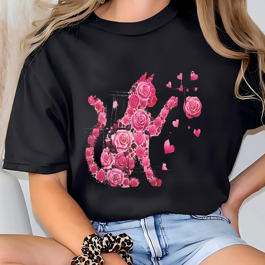 Rose Cat Bleached Flannel Shirt Floral Kitty Graphic Cute Pink Heart Design Girly Cottagecore Style T-shirt