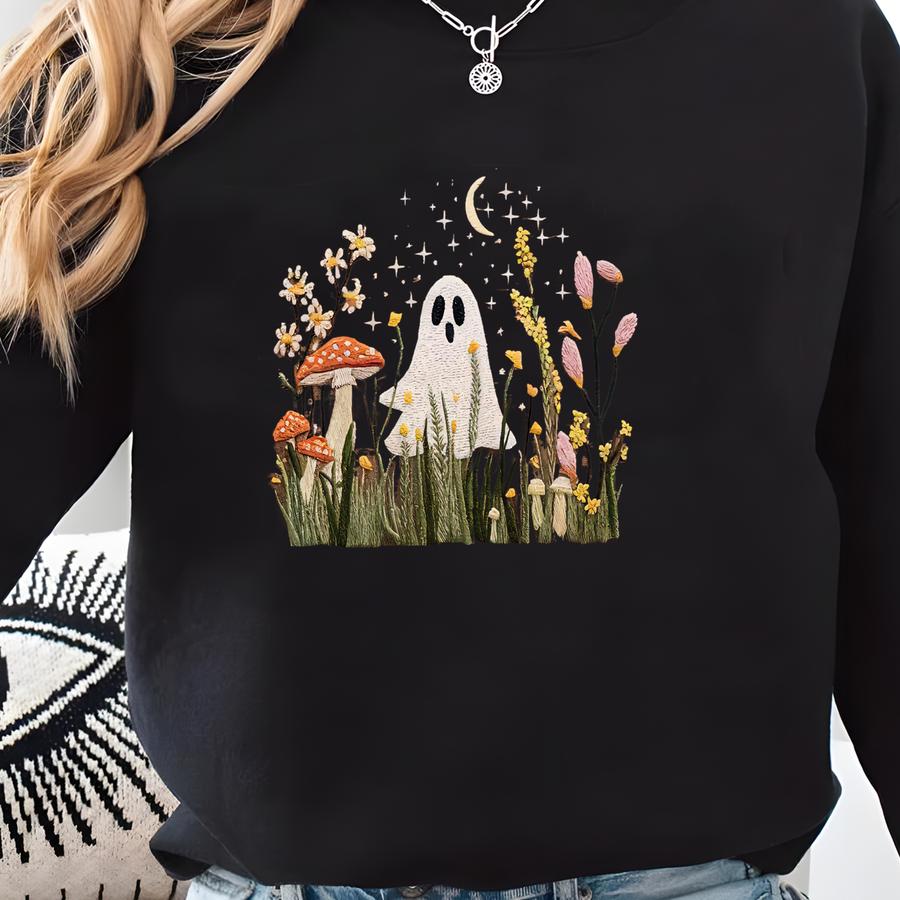Halloween Ghost Sweatshirt: Wildflower Mushroom Design Sweatshirt