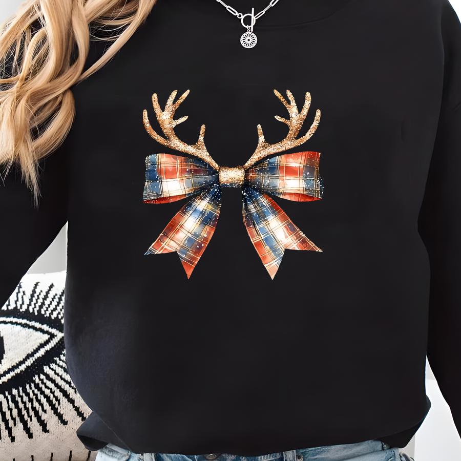 Reindeer Bow Sweatshirt, Reindeer Christmas Sweatshirt, Cute Bow Christmas Sweatshirt, Christmas Bow Sweatshirt, Xmas Gift, Gift For Woman Sweatshirt