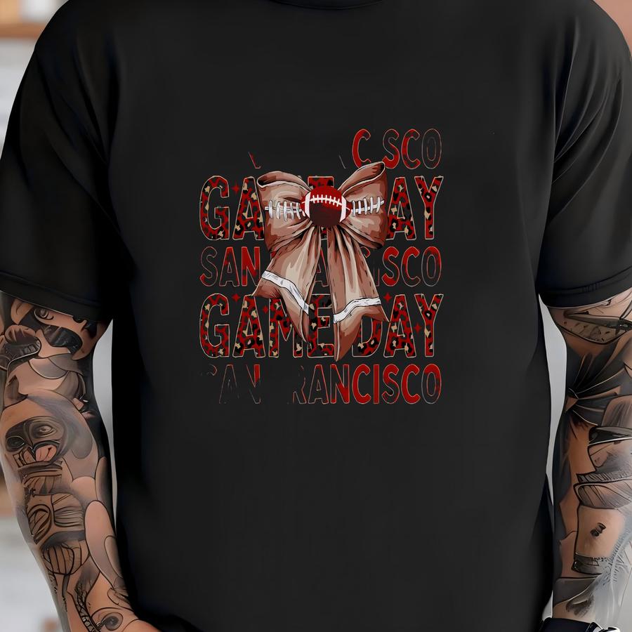 San Francisco Football Apparel, Tee, Crewneck Sweatshirt, Hoodie, Mens Womens Gift For Sports Fan, Game Day Gear, Coquette Leopard Bow T-shirt