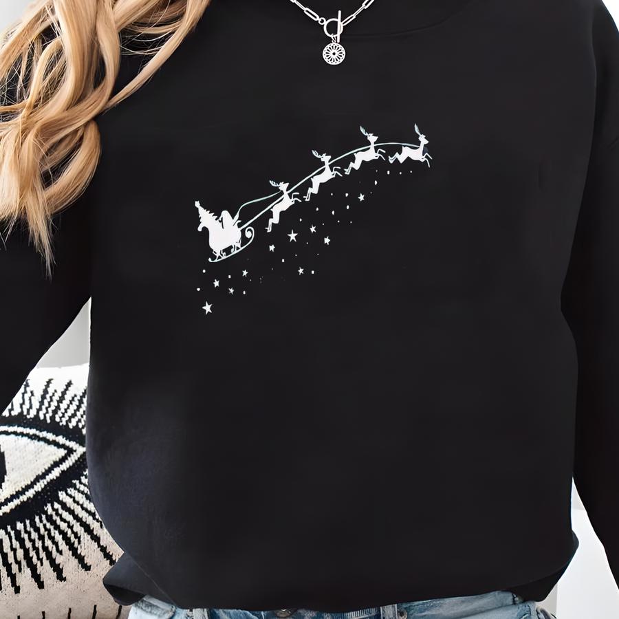 Flying Santa Sleigh Shirt, Magical Christmas T-shirt, Romantic Holiday Shirt, Santa Sleigh Silhouette, Minimalist Holiday Tee, Pocket Design Sweatshirt