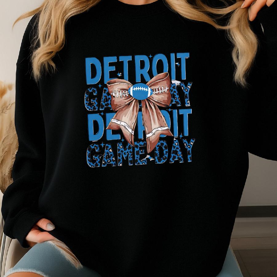 Detroit Football Unisex Apparel Mens Womens T-shirts/crewneck Sweatshirts/hoodies, Sports Fan Gift, Game Day Outfit, Coquette Leopard Bow Sweatshirt