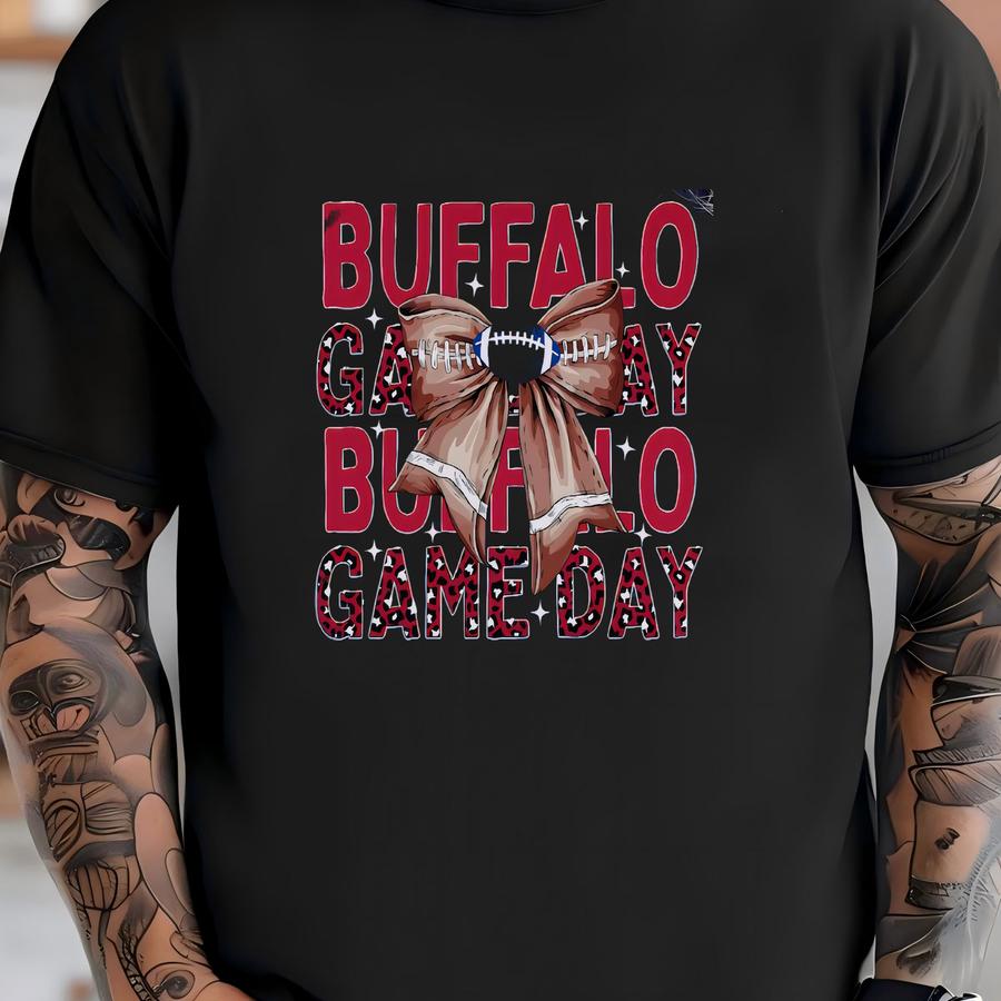Buffalo Football Apparel, Mens Womens Hoodies/crewneck Sweatshirts/ Hoodie, Sports Fan Gift, Game Day Outfit, Coquette Leopard Bow T-shirt