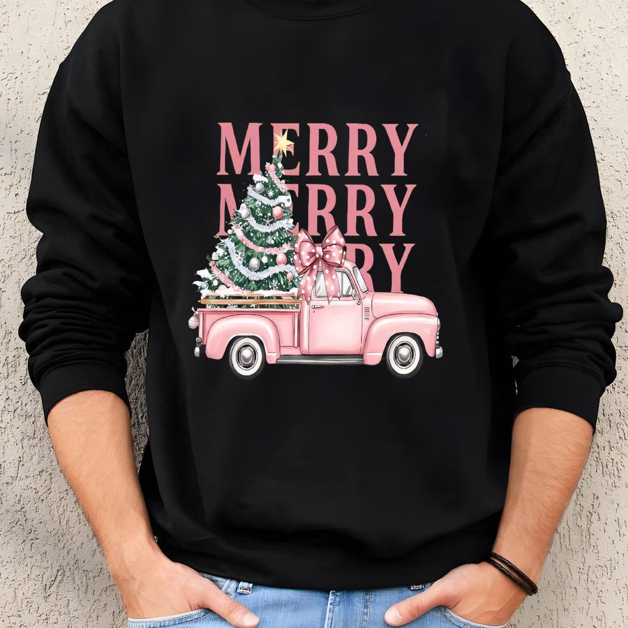 Merry Merry Merry Christmas Tree Shirt, Merry Holiday Outfit Tee, Christmas Party Gift Tee, Colorful Merry Christmas Tee, Women Shirt Sweatshirt