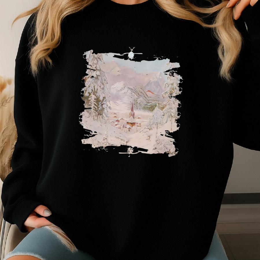 Retro Church In Snowy Mountains Scene Vintage Style, Christmas Apparel Sweatshirts Tshirt Sweatshirt