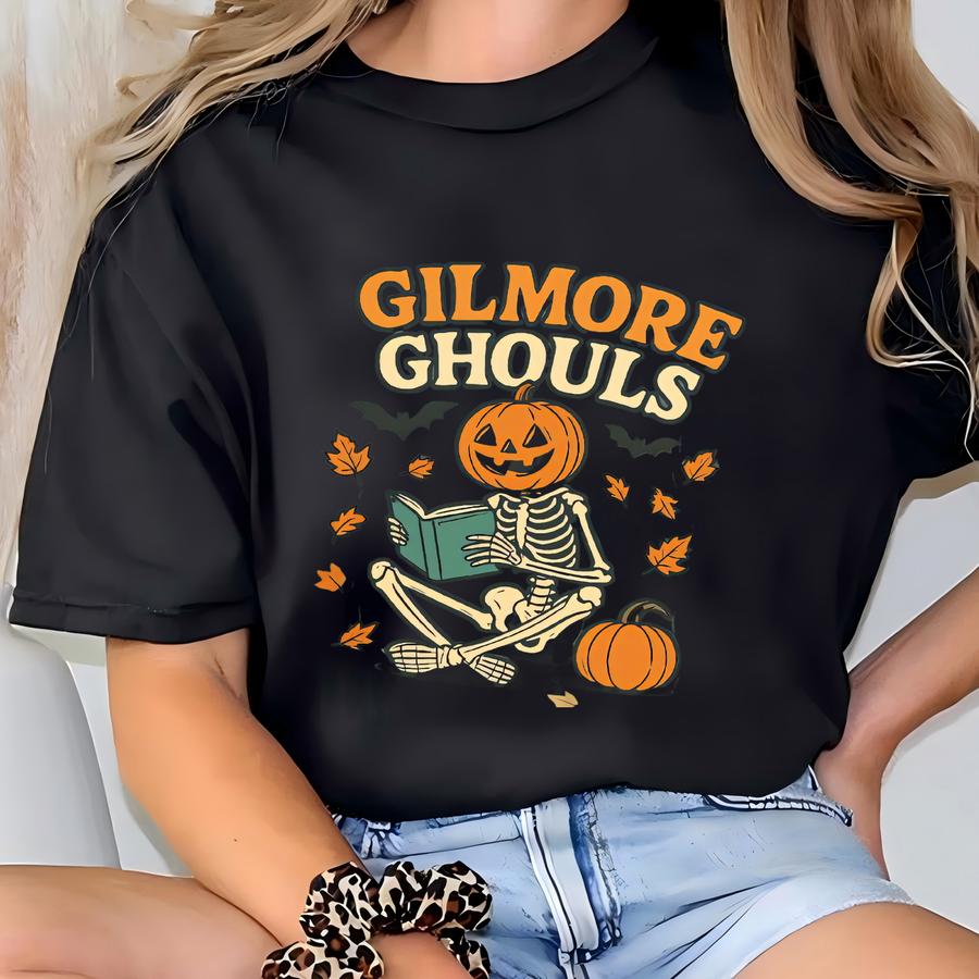 Gilmore Ghouls Halloween Shirt: Pumpkin Skeleton Reading Cotton Tee T-shirt