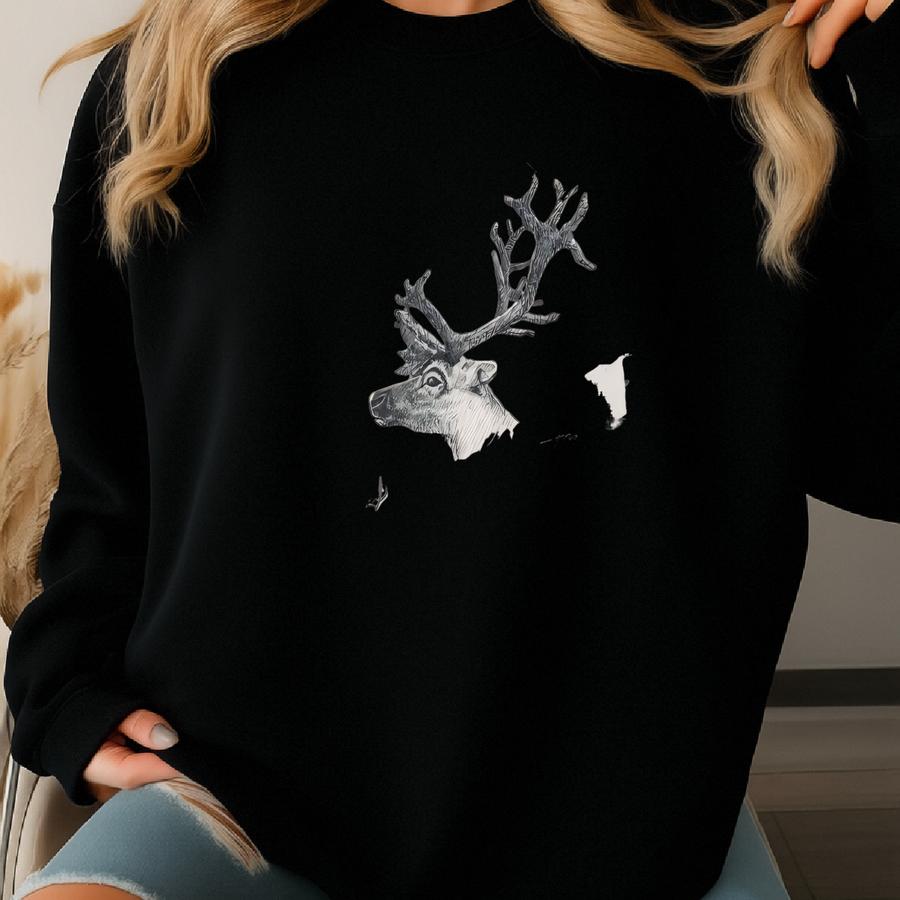 Custom Family Reindeer Caribou Art Sketch Retro Vintage Style, Christmas Apparel Sweatshirts Tshirt Sweatshirt