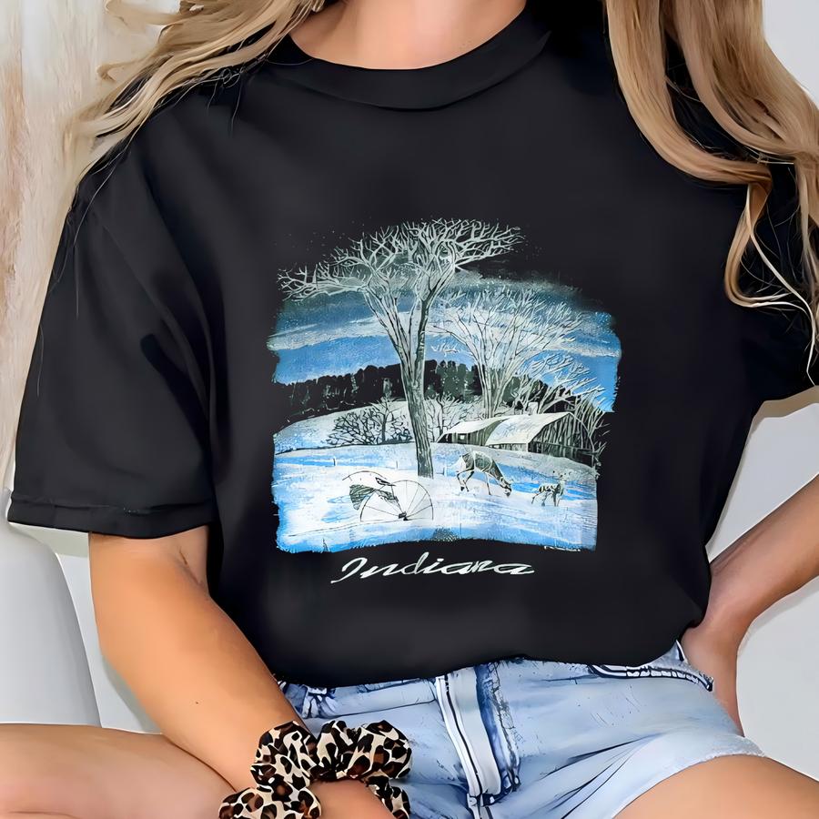 Vintage A Snow Cabin Scene Green Sweatshirt Medium Aesthetic Preppy Habitat Deer Printed Snow Sweater Christmas Gifts Jumper Size M T-shirt
