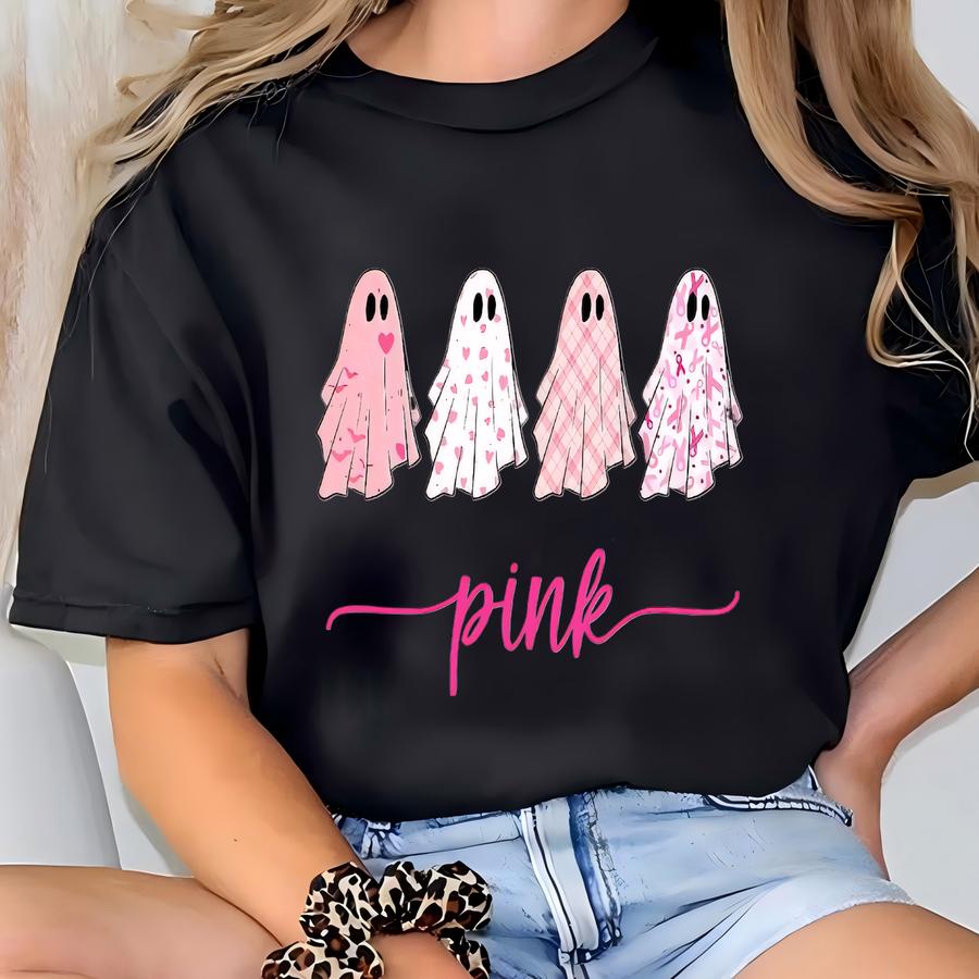 In October We Wear Pink Shirt, Breast Cancer Shirt, Cancer Support Shirt, Cancer Awareness Shirt, Cancer Fighter Gift, Halloween Ghost Shirt T-shirt