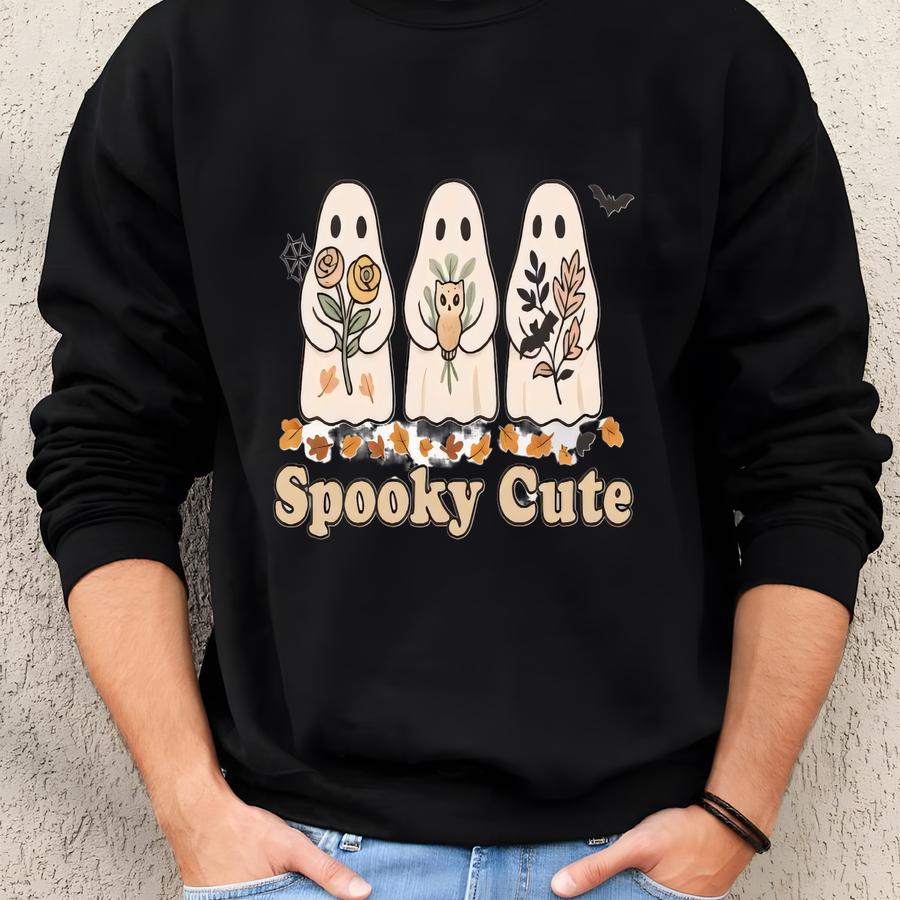 Spooky Cute Ghost Halloween Sweatshirt, Aesthetic Fall Pullover With Floral Ghosts, Cozy Autumn Crewneck Shirt, Cute Spooky Top Sweatshirt