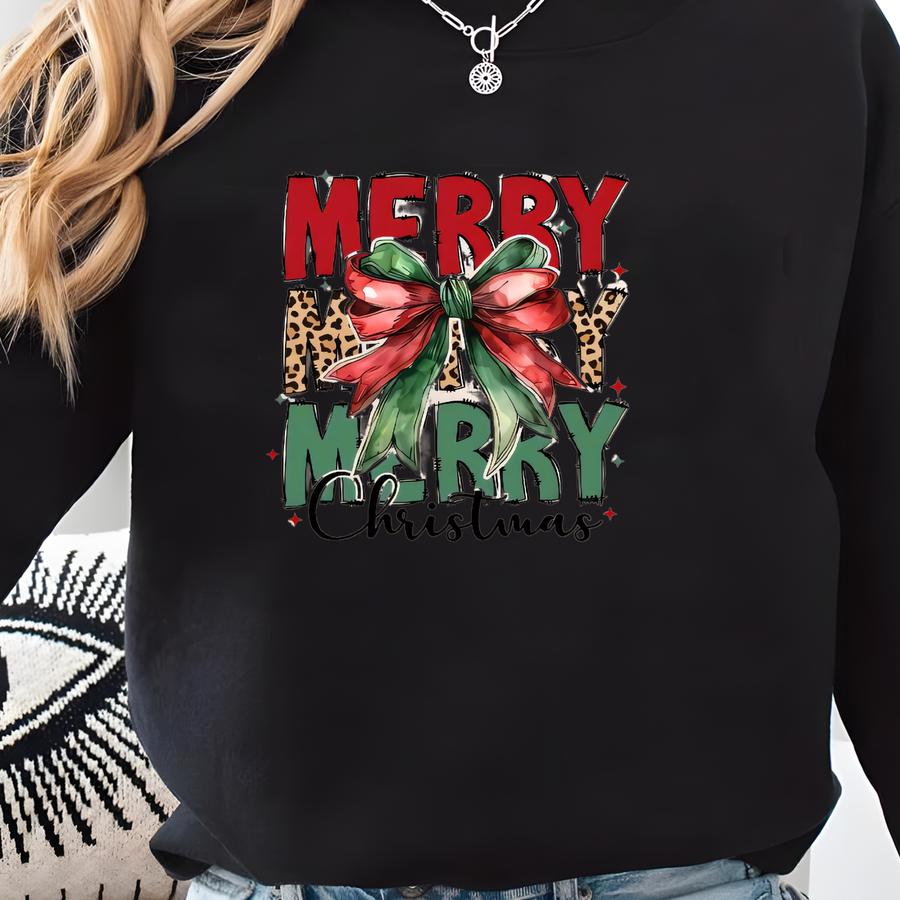 Funny Coquette Merry Christmas Sweatshirts, Merry And Bright, Woman Christmas Bow Crewnecks, Cute Christmas Party Outfits, Christmas Shirts Sweatshirt