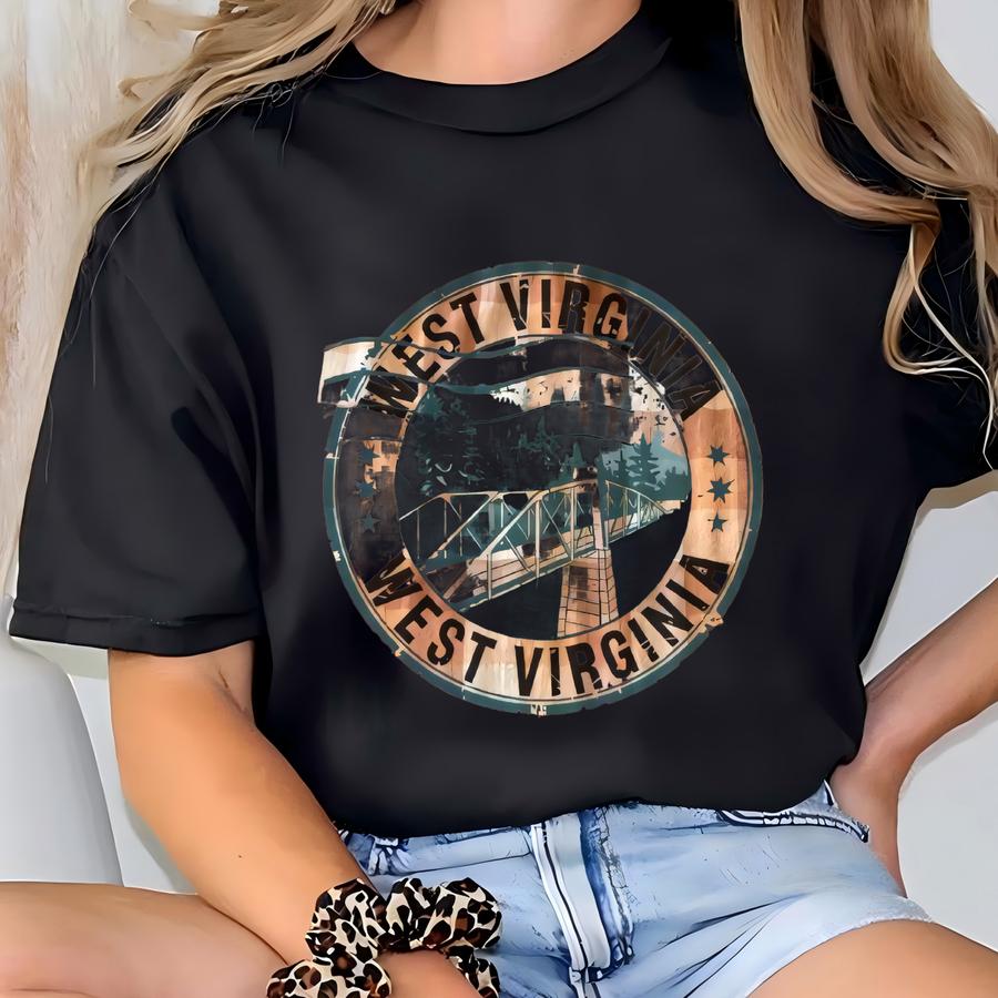 West Virginia Scenic Bridge Bleached Flannel Shirt Forest Mountain Graphic Rustic T-shirt