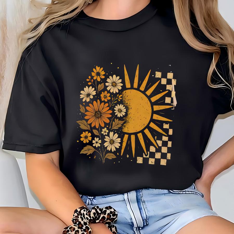 Fall Thanksgiving Floral Canvas Tees For Women: Flower, Garden, Cottagecore Suower Sunshine Checkered, Christmas T-shirt