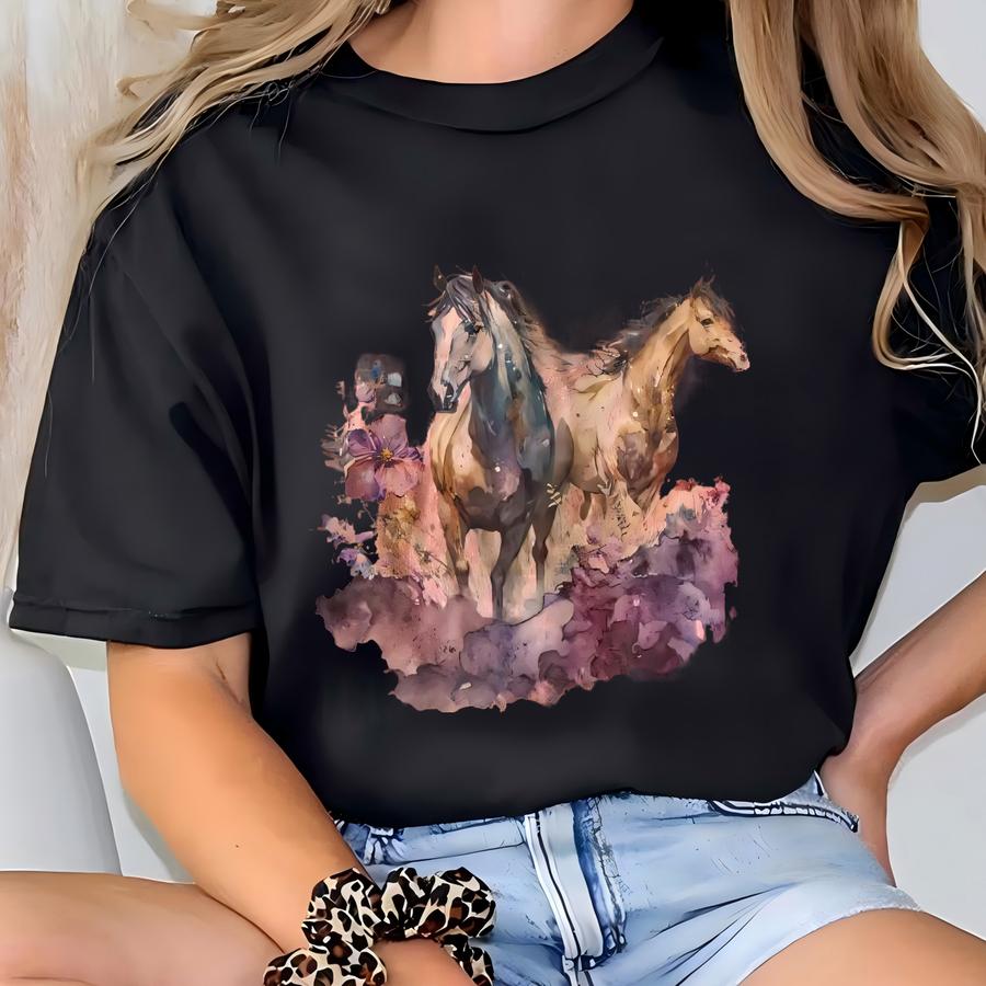 Running Horses Bleached Flannel Shirt Colorful Western Graphic Rustic Country Artistic T-shirt