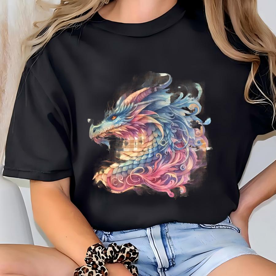 Colorful Dragon Fantasy Bleached Flannel Shirt Vibrant Mythical Creature Graphic Whimsical Style T-shirt