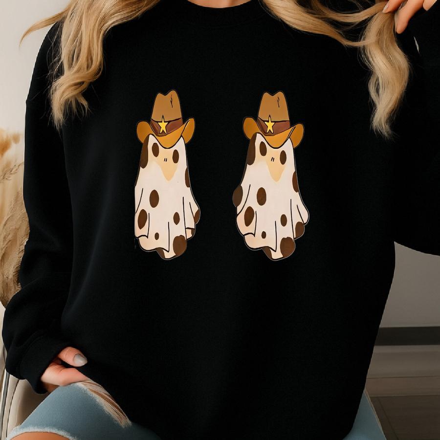Women's Festival Crop Top, Cowboy Ghost Halloween Fall Funny Bra Tee, Western Hat Spooky Gift, Crop Tee For Women Sweatshirt