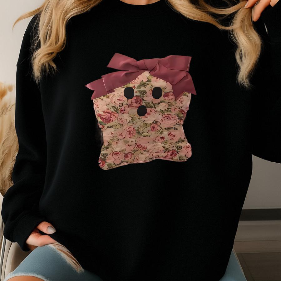 Coquette Ghost Quilted Love Shack Fancy Inspired Bow Halloween Sweatshirt Pink Hand Sewn Sweatshirt