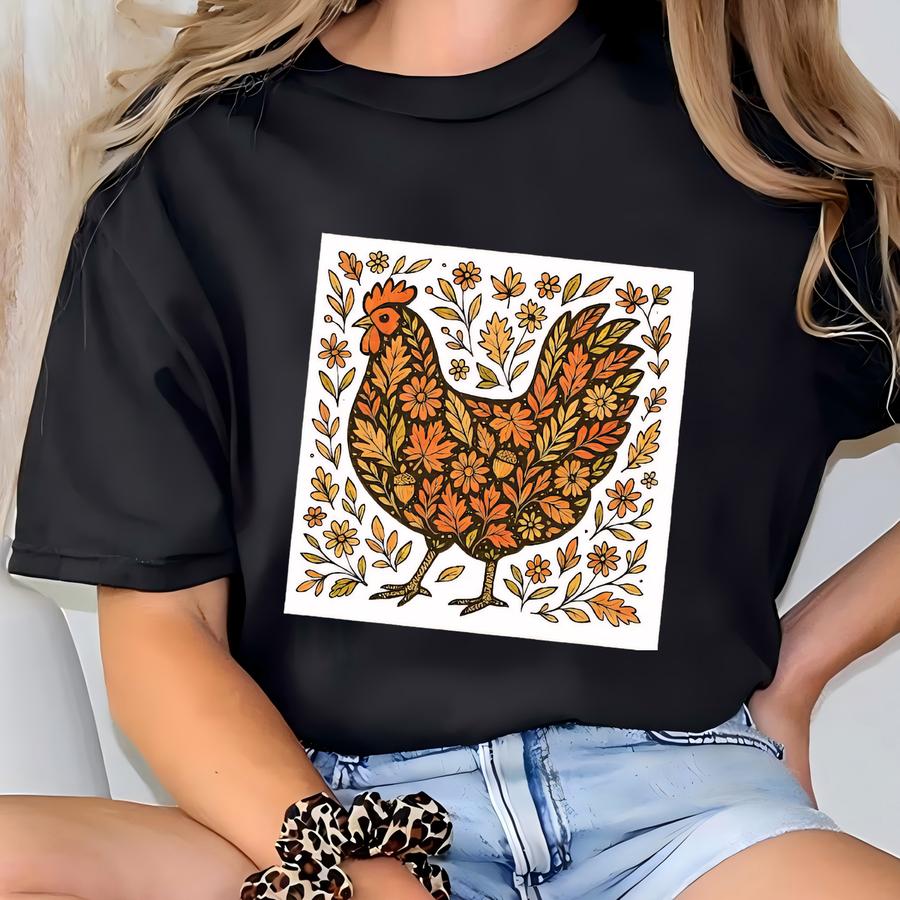® Fall Floral Chicken Shirt, Autumn Boho Flower Tee, Funny Fall Sweatshirt, Thanksgiving Gift, Autumn Floral Chicken Tshirt T-shirt