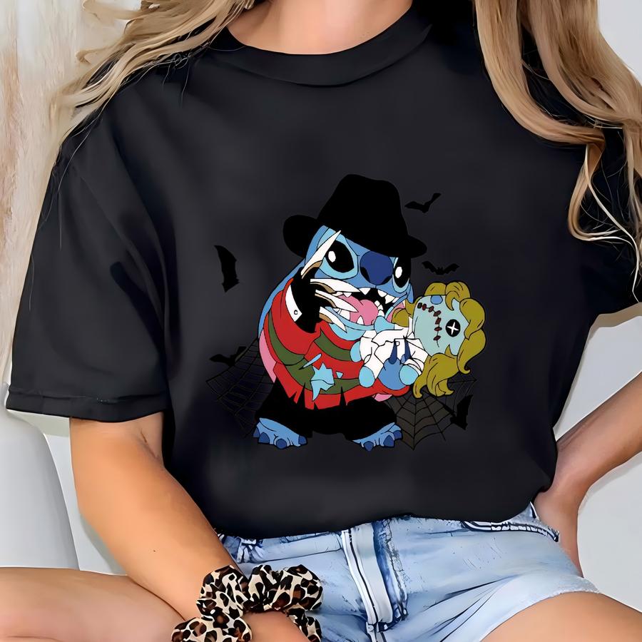 Freddy Kruager Stitch Youth Hoodie, Horror Stitch Shirt, Halloween Crewneck, Spooky Season Shirt, Fredy Tee, Halloween Cartoon Hoodie T-shirt
