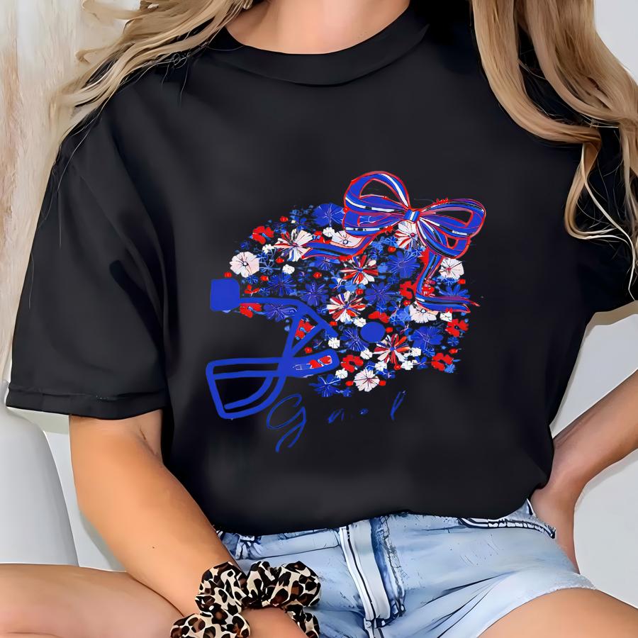 Game Day Floral Helmet Shirt | Football Bow Tee For Women Girls | Red White Blue Football Fan Outfit | Cute Sports Spirit Top T-shirt