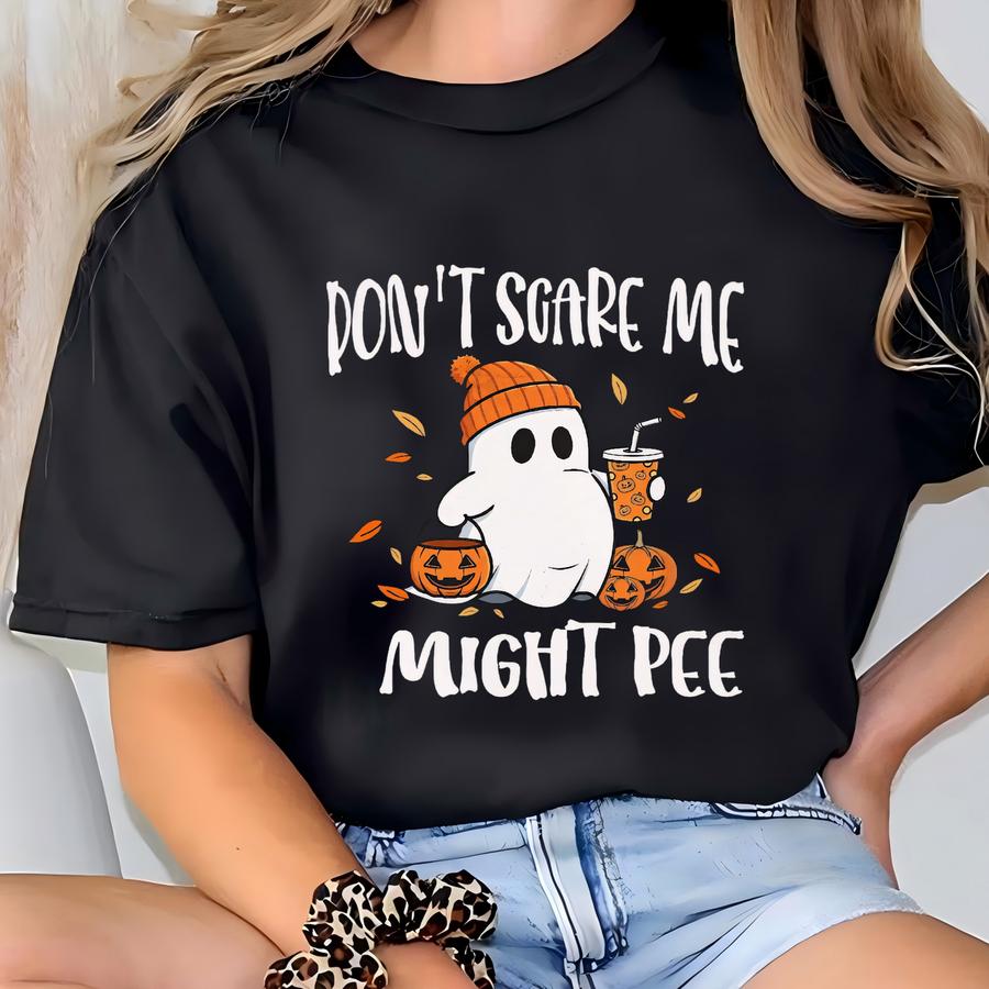Don't Scare Me I Might Pee Funny Halloween Pregnant Ghost Hoodie, First Time Mom Gift, Pregnancy Reveal, Halloween Pregnancy Announcement T-shirt