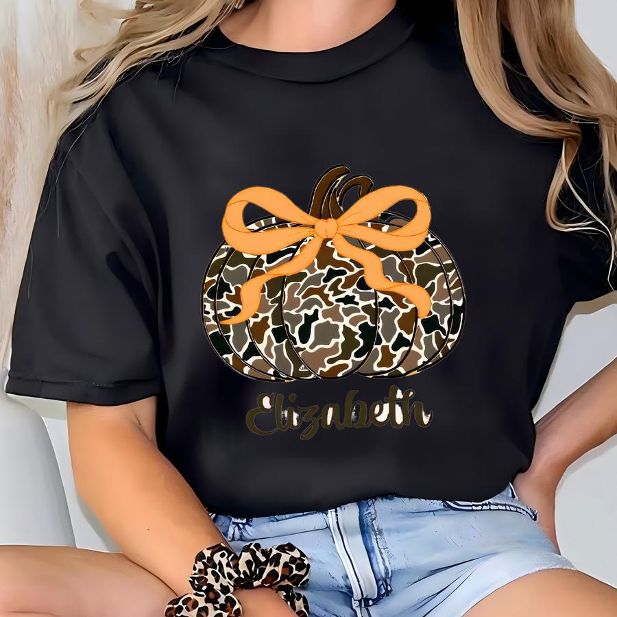Custom Camo Pumpkin Kids Shirt, Halloween Girl Pumpkin Shirt, Custom Name Spooky Kids Gifts, Boys Halloween Hoodie, Toddler Pumpkin Shirt T-shirt