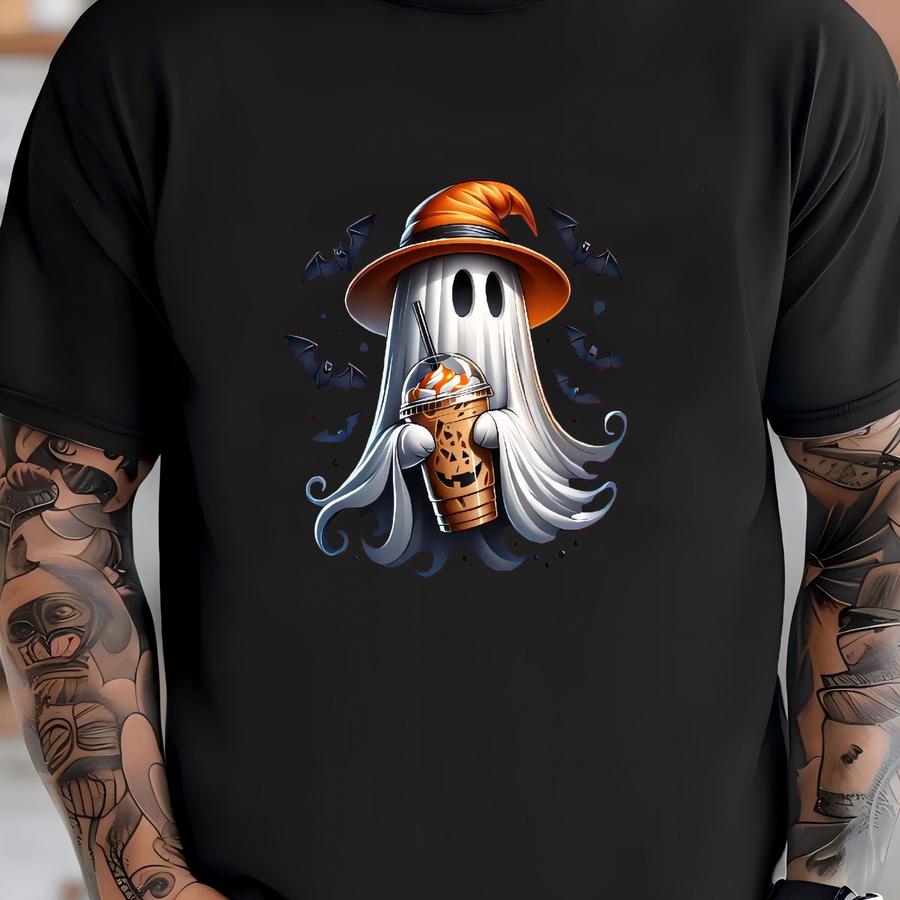 Ghost With Coffee Halloween Crop Top, Witchy Shirt With Bats And Iced Latte Print T-shirt