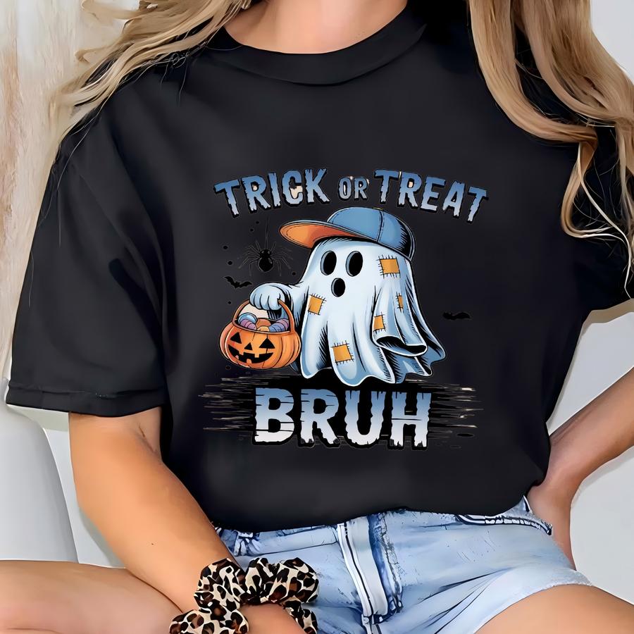 Trick Or Treat Bruh Halloween Shirt, Funny Ghostly Halloween Sweatshirt, Retro Trick-or-treat Shirt, Cute Spooky Sweatshirt, Cute Boo Shirt T-shirt
