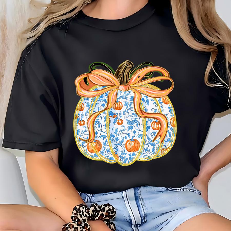 ® Faux Glitter Pumpkin Shirt, Pumpkins Shirt, Preppy Pumpkin Shirt, Blue Bow Pumpkin Shirt,fall Graphic Tee,thanksgiving Gift T-shirt